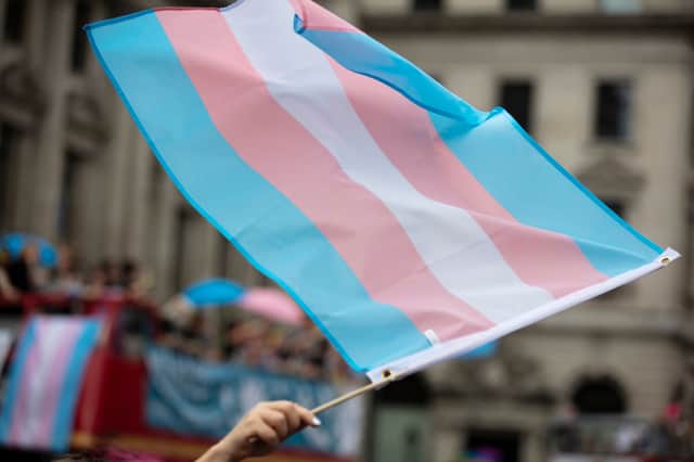 A transgender flag being waved at LGBT gay pride march.