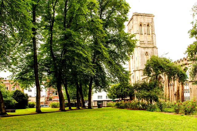 The leaning tower of Temple Church in Bristol, a ruin following bombing during the second world war.