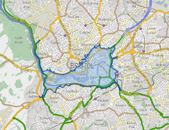 A map of the Bristol Clean Air Zone, showing the boundary in blue.