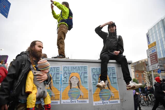 BRProtesters participate in the Bristol Youth Strike 4 Climate (BYS4C) march, attended by Swedish environmentalist Greta Thunberg, on February 28, 2020 in Bristol.