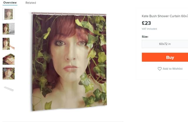 A  Kate Bush shower curtain being sold on Wish.com using Lisa’s face