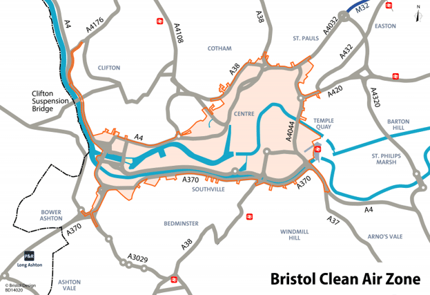 Map showing the Clean Air Zone to be introduced in Bristol next summer