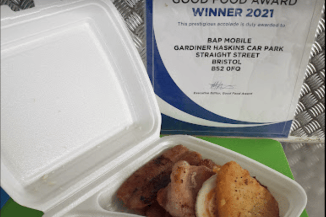 Example of a dish served up at The Bap Mobile alongside a certificate for last year’s award