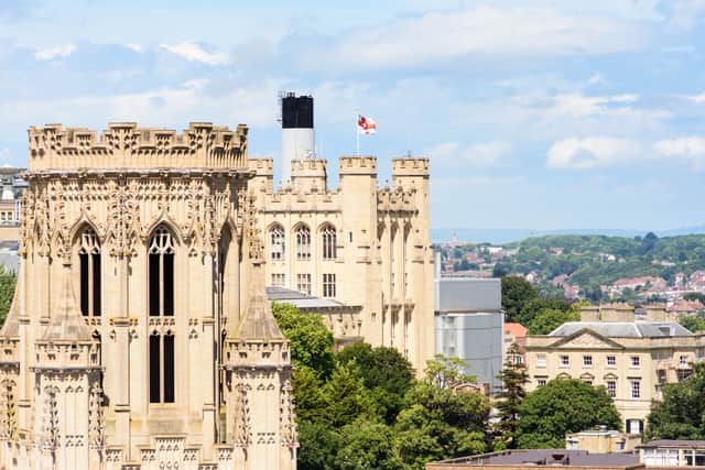 The University of Bristol's distinctive Victorian gothic Wills Memorial Building and School of Physics standing prominent over the cityscape.