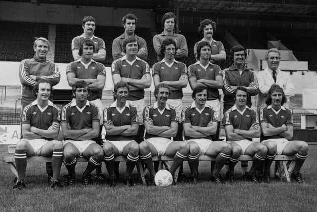 John Shaw, Tony Ritchie, Gary Sweeney and Gerry Gow in a squad photo preparing for a top-flight season. (Photo by Central Press/Getty Images)