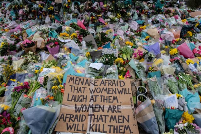 Floral tributes left at Clapham Common bandstand where people paid their respects to Sarah Everard (Photo by Chris J Ratcliffe/Getty Images)