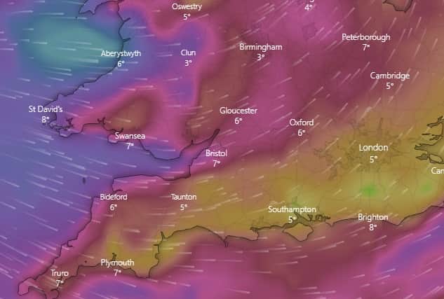 Bristol is set to see the tail end of Storm Barra throughout Wednesday. (Image: Windy.com)