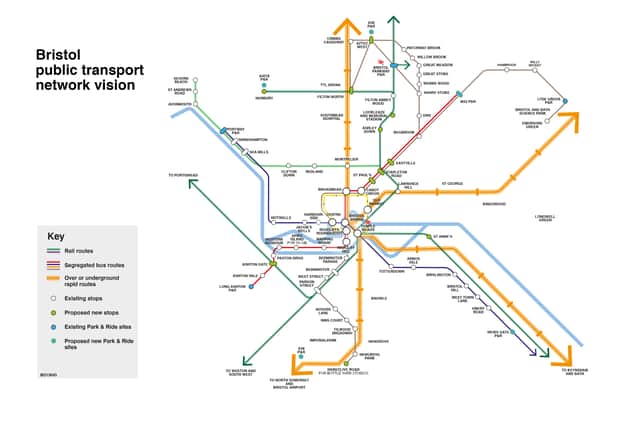 Map of how the mass transit system for Bristol could look like