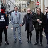 Left to right, Jake Skuse, Rhian Graham’s partner, Rhian Graham, Milo Ponsford and Sage Willoughby arrive at Bristol Crown Court 