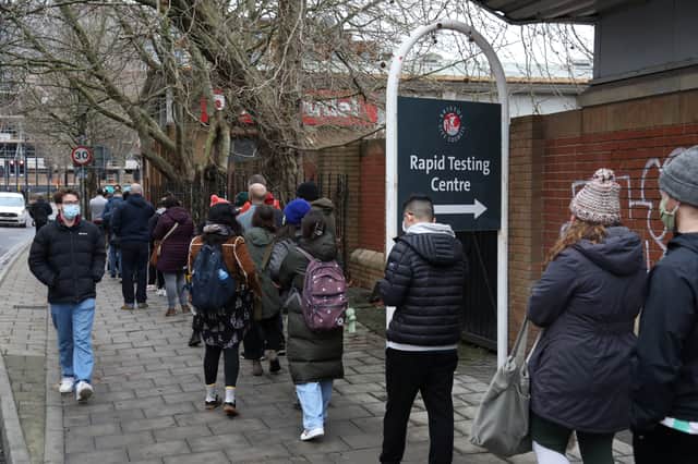 <p>Queue in Wade Street for vaccinations at Bristol Rapid Testing Centre</p>