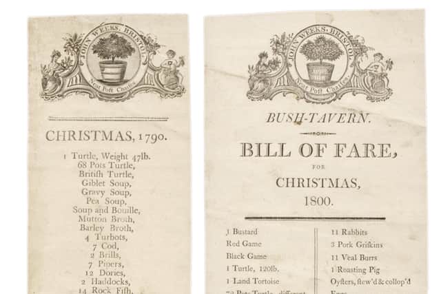 Two of the Christmas menus for the Bush Tavern in Bristol in 1790 and 1800.