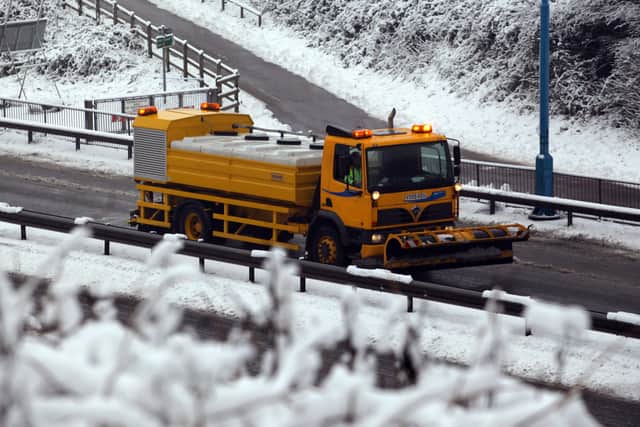   A gritting lorry sprays grit along the M48 motorway leading to the Severn Bridge. (Photo by Matt Cardy/Getty Images)