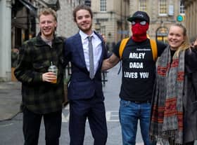 Milo Ponsford, Sage Willoughby, Jake Skuse and Rhian Graham, collectively known as the ‘Colston 4’, pose for a photograph outside Bristol Crown Court where they are being tried in connection with the toppling of a statue of 17th century slave trader Edward Colston.