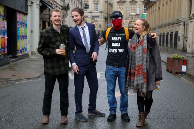 (L-R) Milo Ponsford, Sage Willoughby, Jake Skuse and Rhian Graham, collectively known as the ‘Colston 4’, pose for a photograph outside Bristol Crown Court.