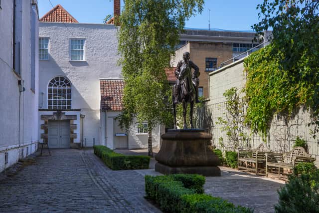 Exterior view of the historic New Room, also known as John Wesleys First Chapel on Broadmead. Built in 1739 by John Wesley, it is the oldest Methodist chapel in the world.