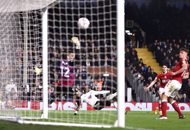 Neeskens Kebano of Fulham scores his team’s sixth goal.