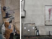 Peachy creating the artwork (left) next to the original Banksy now boarded up in Barton Hill