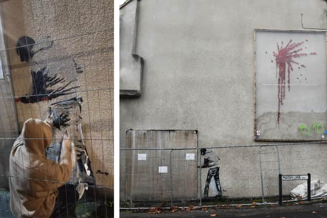 Peachy creating the artwork (left) next to the original Banksy now boarded up in Barton Hill