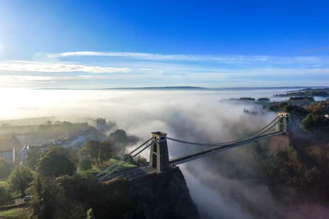 Aerial shot of Clifton suspension bridge in Bristol on a foggy morning. (Photo: Getty Images/iStockphoto)