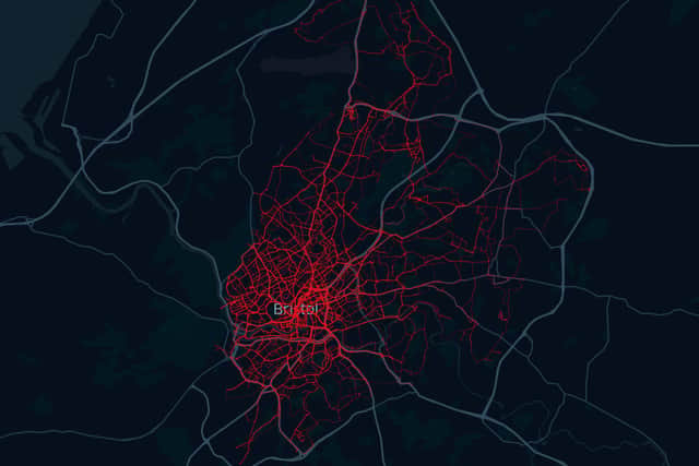 Map showing where the e-scooter has travelled around Bristol