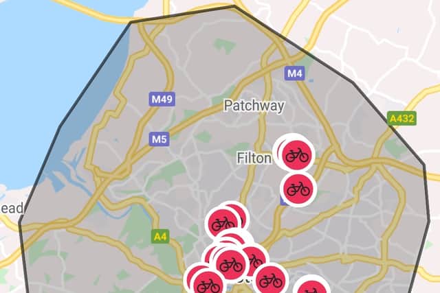 Map on the ebikes app showing where available bikes are