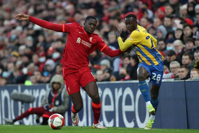 Saikou Janneh got to play against Liverpool at Anfield with his new club Shrewsbury Town. (Photo by Clive Brunskill/Getty Images)