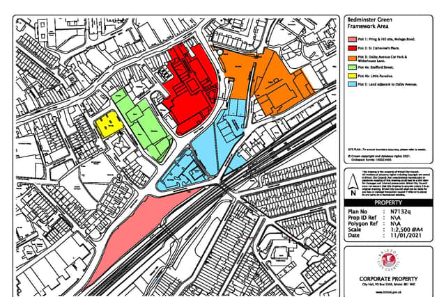 Map showing the plots of land earmarked for redevelopment as part of the regeneration of Bedminster Green