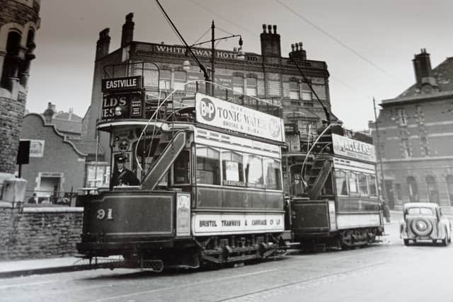 Trams stop at the terminus outside The White Swan Hotel, on the corner of Robertson Road and Fishponds Road in Eastville. The hotel is now the Piccadilly apartment block.