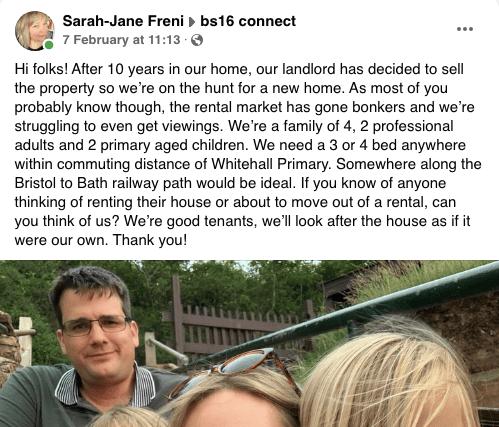 The family have turned to Facebook to help their Bristol rental property search