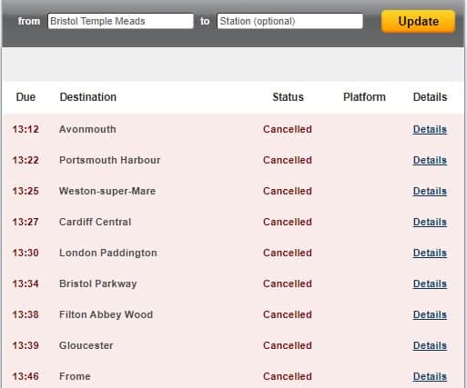 The live train timetable for Temple Meads at lunchtime showed the extent of cancellations