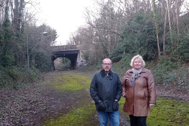 Brislington West councillors Andrew Varney and Jos Clark on the old North Somerset railway