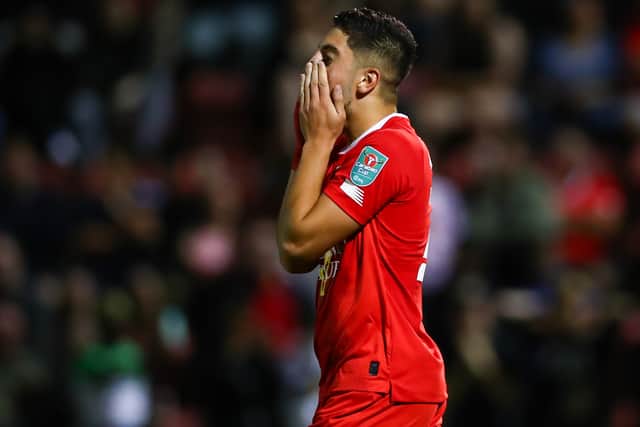 It wasn’t the best evening for Leyton Orient striker Rusel Sotiriou, who could have made the tie closer. (Photo by Jacques Feeney/Getty Images)