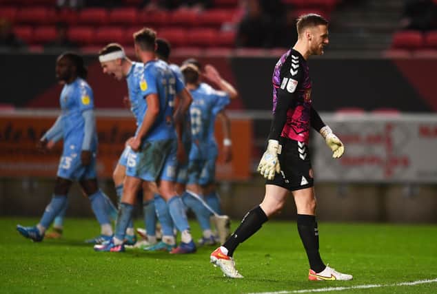 Dan Bentley of Bristol City cuts a dejected figure after Viktor Gyokeres of Coventry City scores.