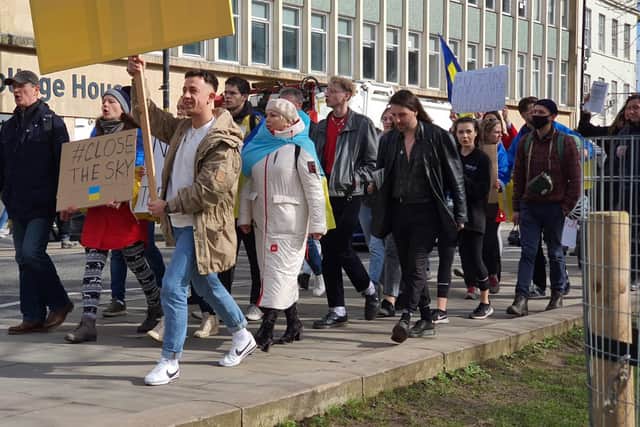 “It was a reminder that the entire civilised world stands with Ukraine,” said Yaroslav, pictured here leading the protest.