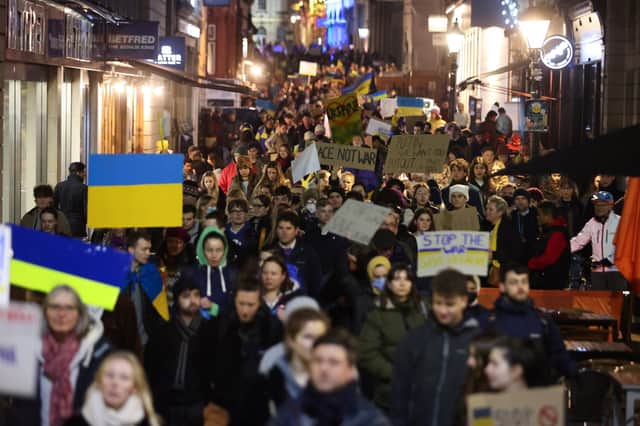 Hundreds march on Bristol to condemn attacks on Ukraine.