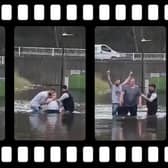 Stills from a video of a man being baptised in flood water at a roundabout in Hartcliffe