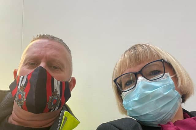 Ralph and Susan Tame waiting at Bristol Community Hospital in Hengrove after Susan was evacuated from Southmead Hospital A&E this morning