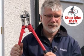 Henry Nurser with the bolt cutters left by thieves who stole his bike