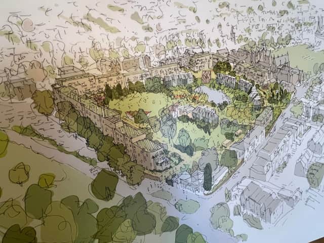 An artist’s impression of a bird’s eye view of the site once completed.