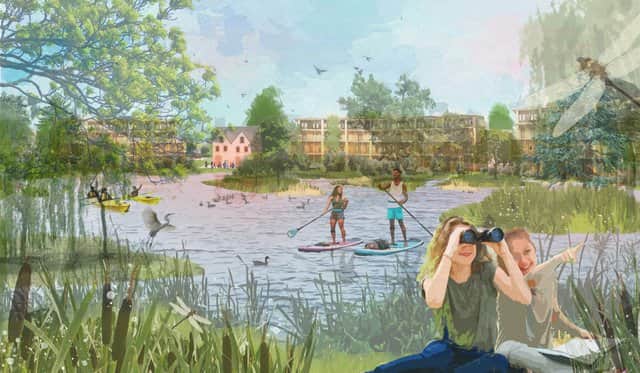 An artist’s impression of the public lake at the centre of the garden site.