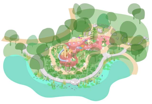 An artist’s impression of what a playground built at the centre of the site as part of the plans could look like.