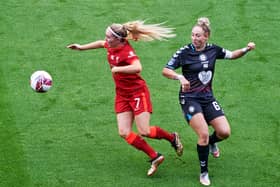 Bristol City’s captain Aimee Palmer was forced off with an injury early on in the match. (Nick Taylor, Liverpool via Getty Images)