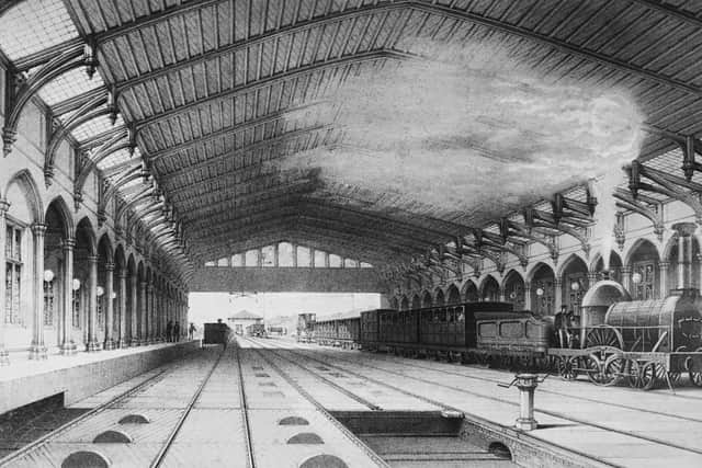 Isambard Kingdom Brunel’s Elizabethan hammerbeam roof and colonnade at the Great Western Railway Station at Temple Meads in Bristol, circa 1845.