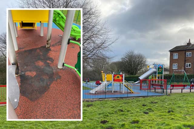 Damage caused to the surface of the new play area at Eastwood Farm