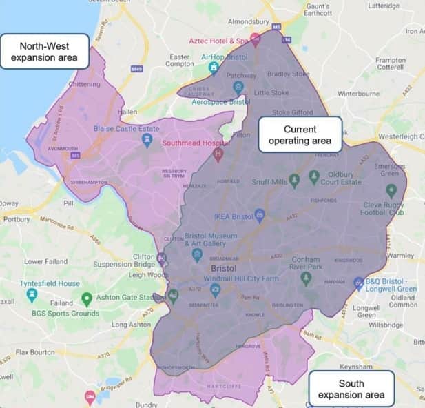 A map showing the new neighbourhoods where the e-scooters will land in April (north west) and May (south).