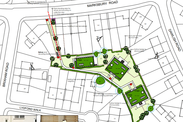 A drawing showing a location of the site and a rough outline of the new dwellings that would b