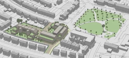 The complex of new homes are to the bottom left of this artist impression which includes Gainsborough Square