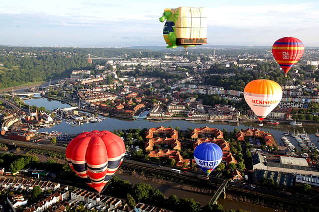  Hot air balloons take to the skies over Bristol city centre.