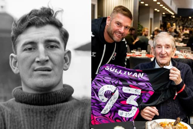 (L) Con Sullivan in his younger days (R) Con is presented wwith a signed ‘Sullivan 93’ shirt during birthday celebrations at Ashton Gate.