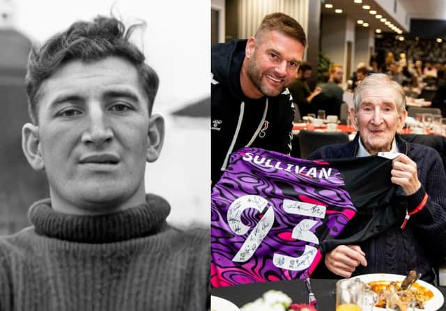 <p>(L) Con Sullivan in his younger days (R) Con is presented wwith a signed ‘Sullivan 93’ shirt during birthday celebrations at Ashton Gate.</p>